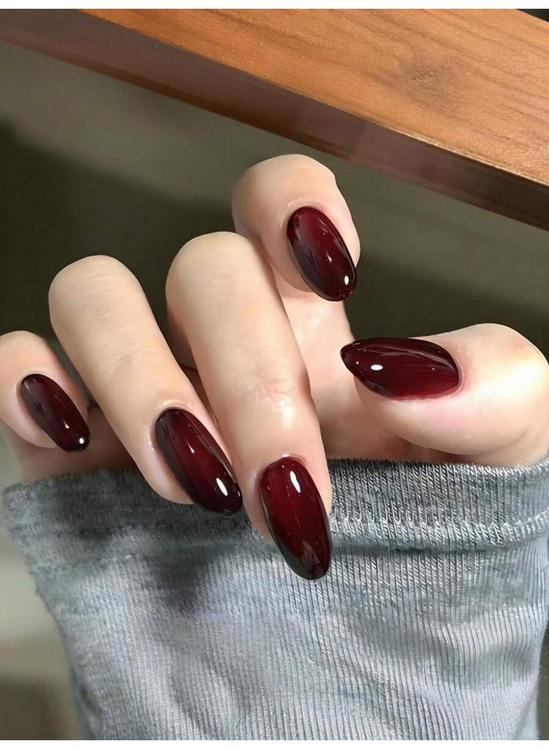 أظافر تركيب لون عنابي غامق 24 قطعة – شكل لوزي/مدبب لامع مع ملصقات لاصقة ومبرد - Image 1